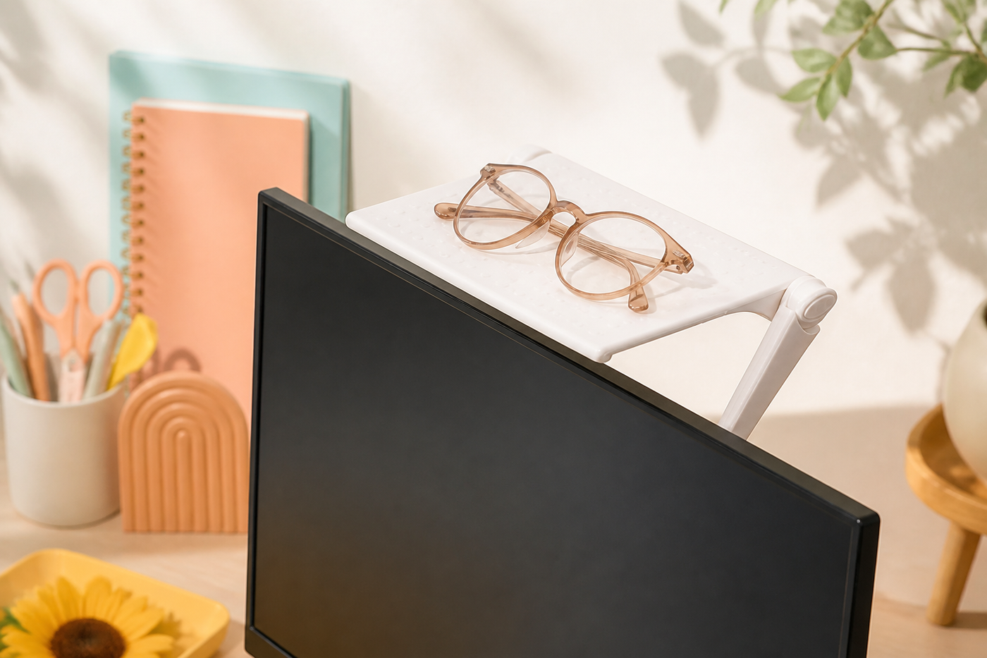 White PerchFold monitor-top shelf holding eyeglasses in a bright home office