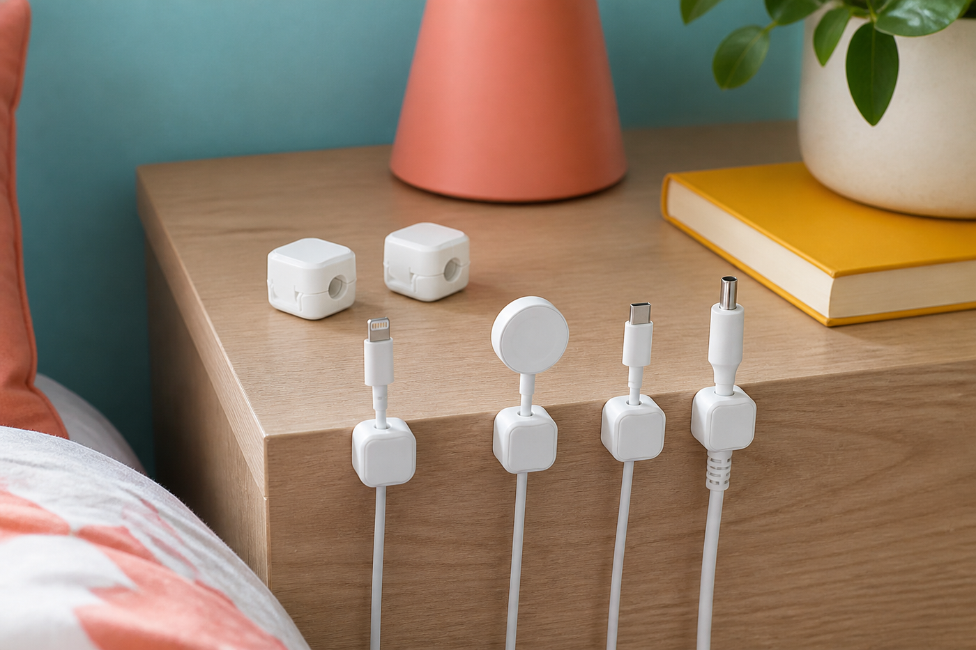 White ClickKeep magnetic cable clips keeping bedside charging cords separated and within reach
