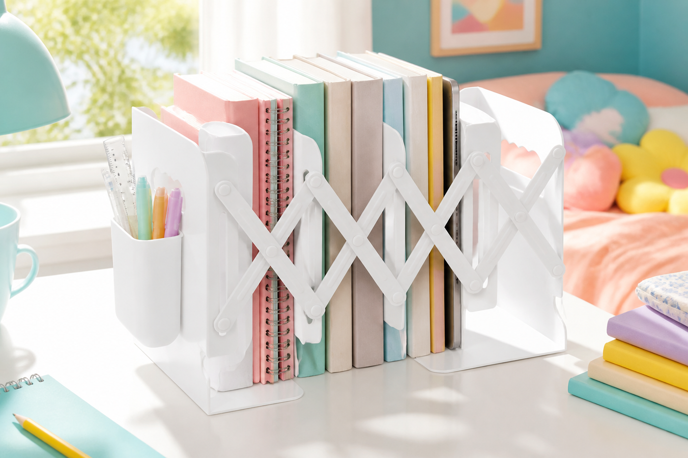 White PageSpan expandable bookend organizing pastel notebooks and a tablet in a sunny bedroom study