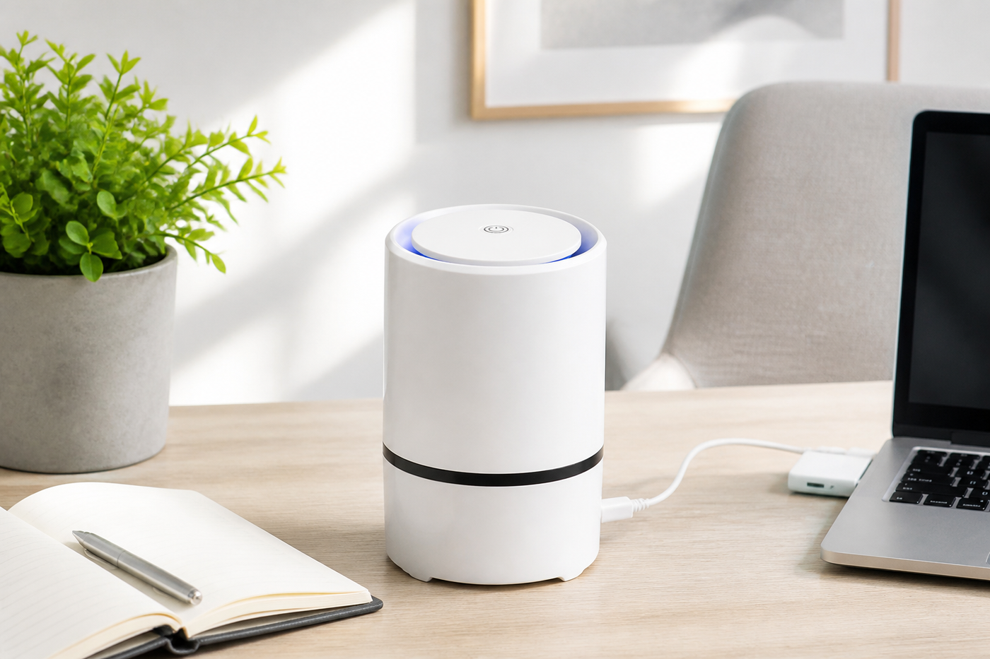 AeroPure compact USB air purifier on a bright home-office desk