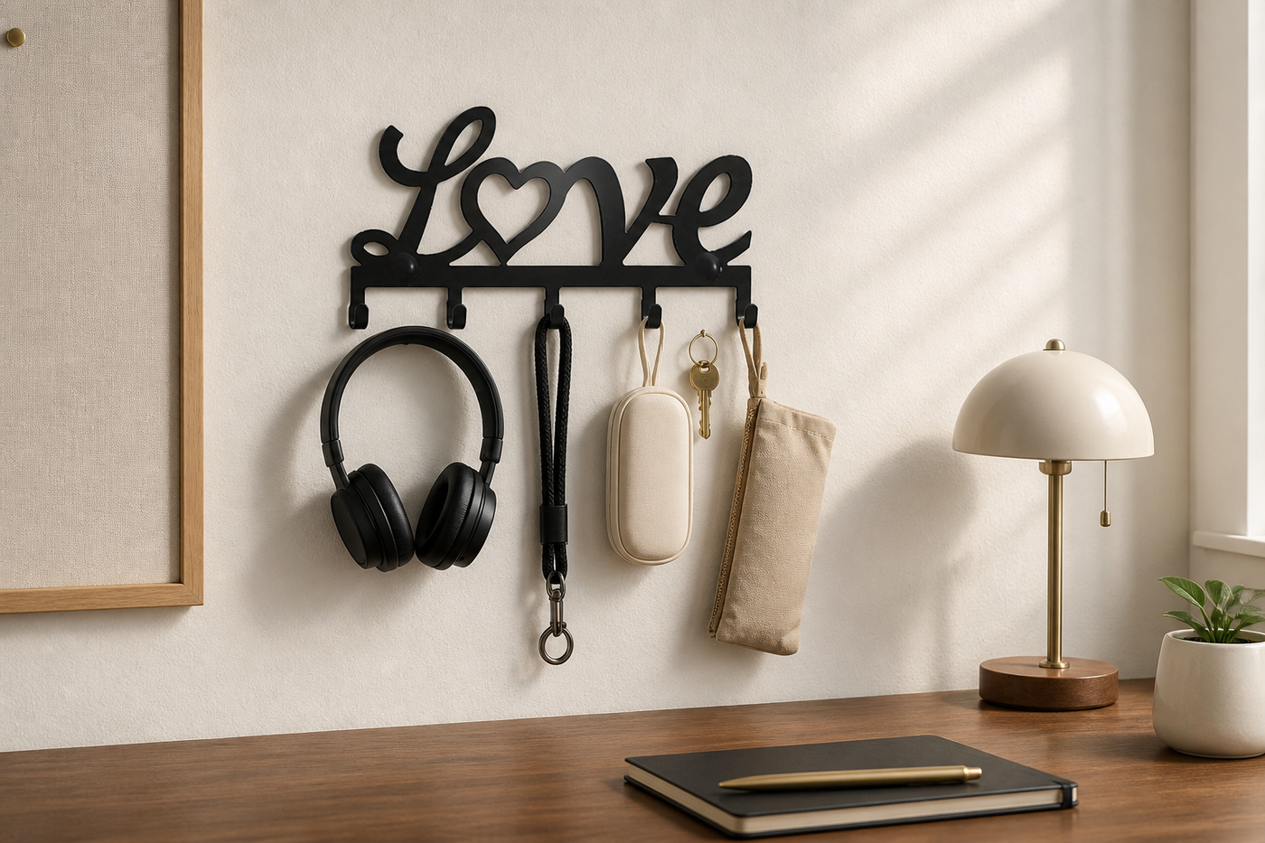 Amour LOVE wall hook rack organizing headphones and accessories above a home-office desk