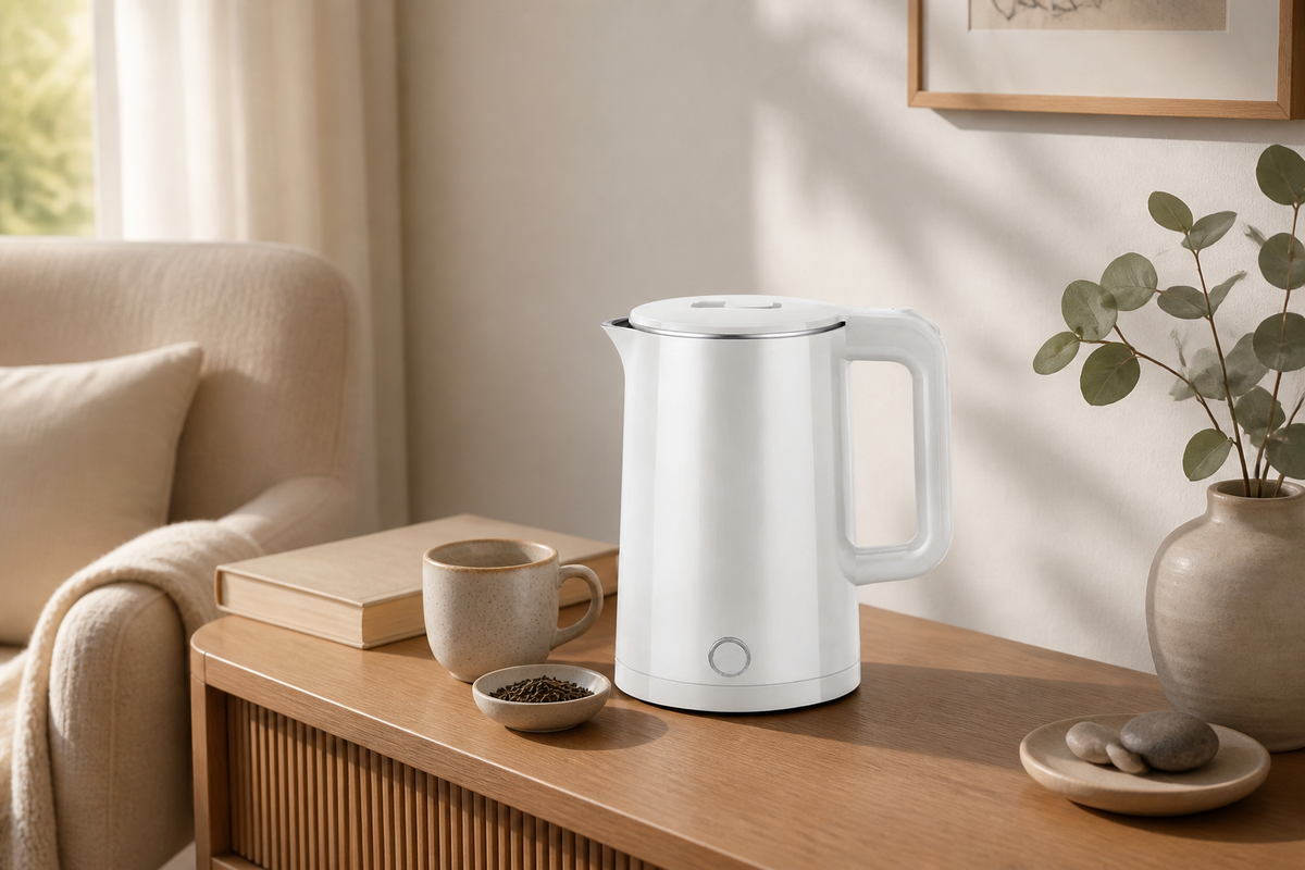 Aria white electric kettle styled in a warm reading-nook tea station
