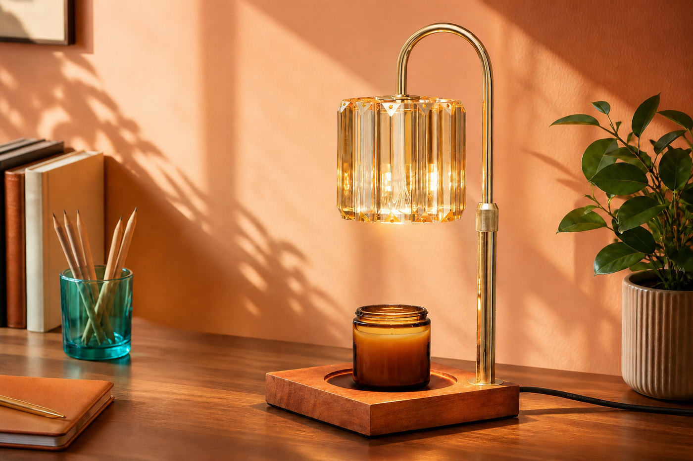 AuraMelt faceted-glass warmer on a colorful apricot home-office desk