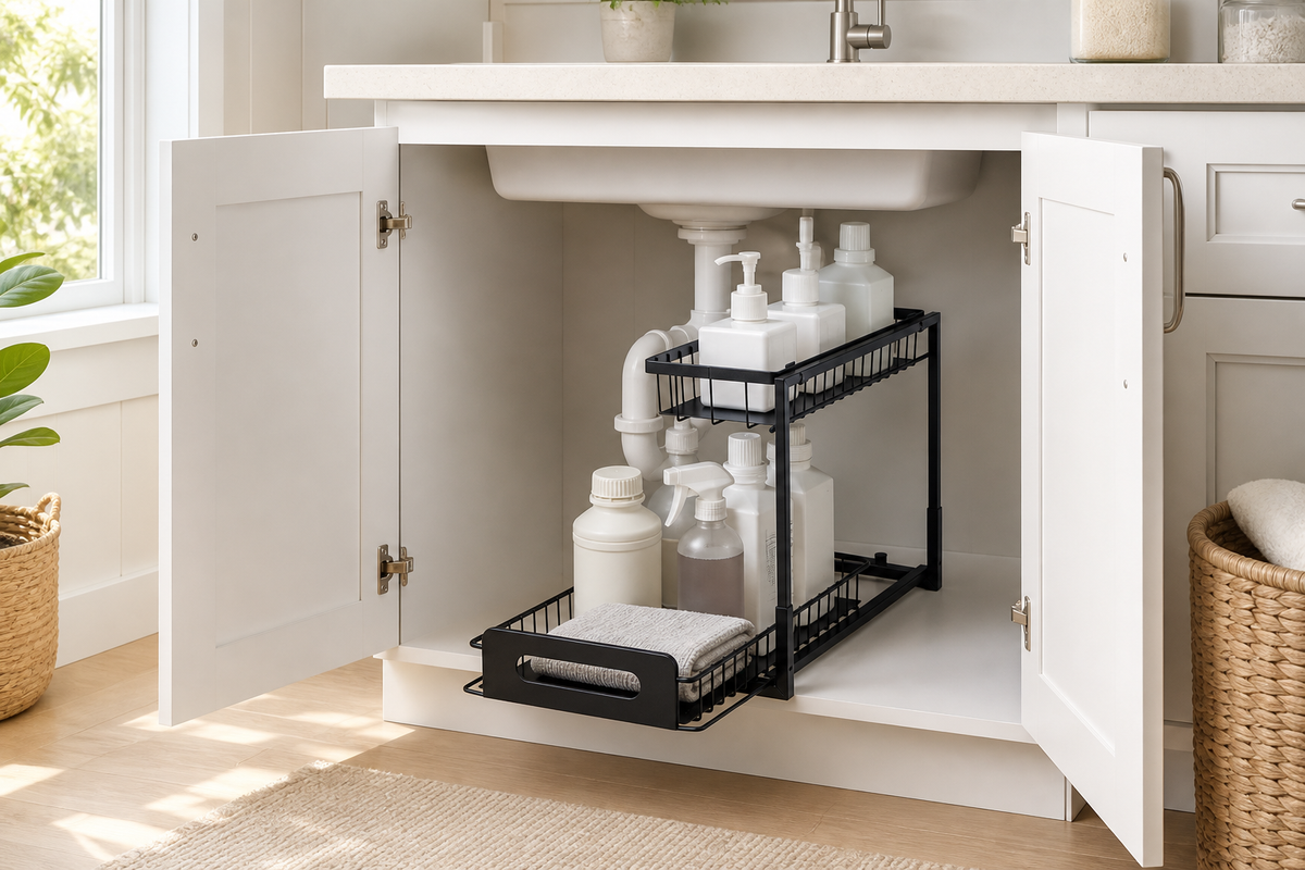 Basin pull-out organizer arranged beneath a bright laundry utility sink