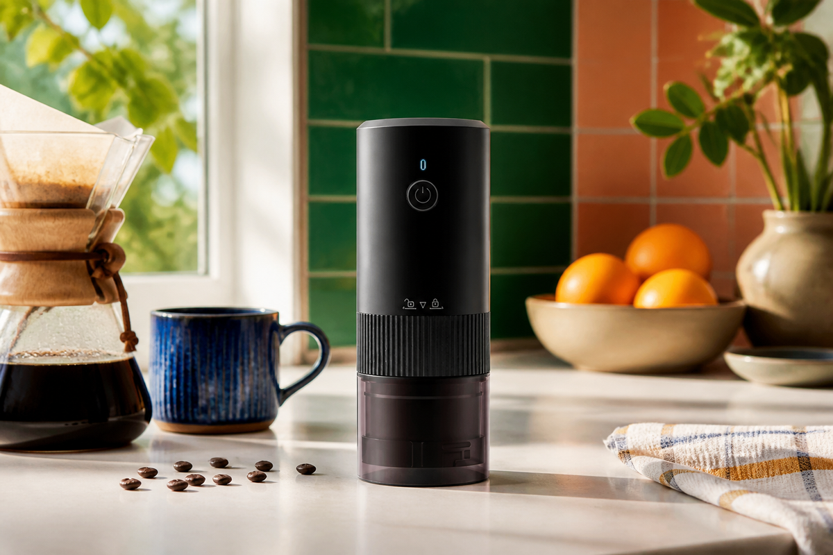 BeanMill Black cordless grinder on a lively home coffee bar
