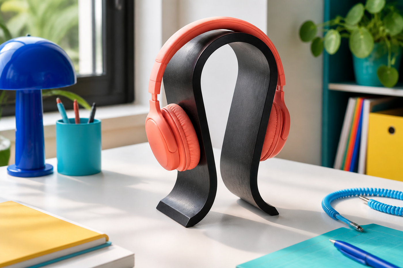 Black Arcwood headphone stand in use on a colorful podcast and recording desk