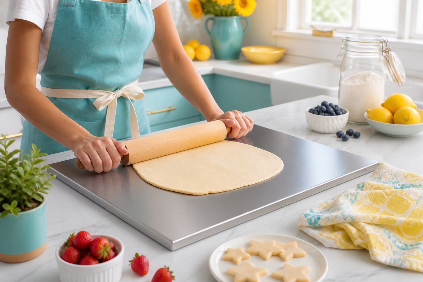 Rolling dough on the SteelSpan stainless steel prep board in a bright kitchen