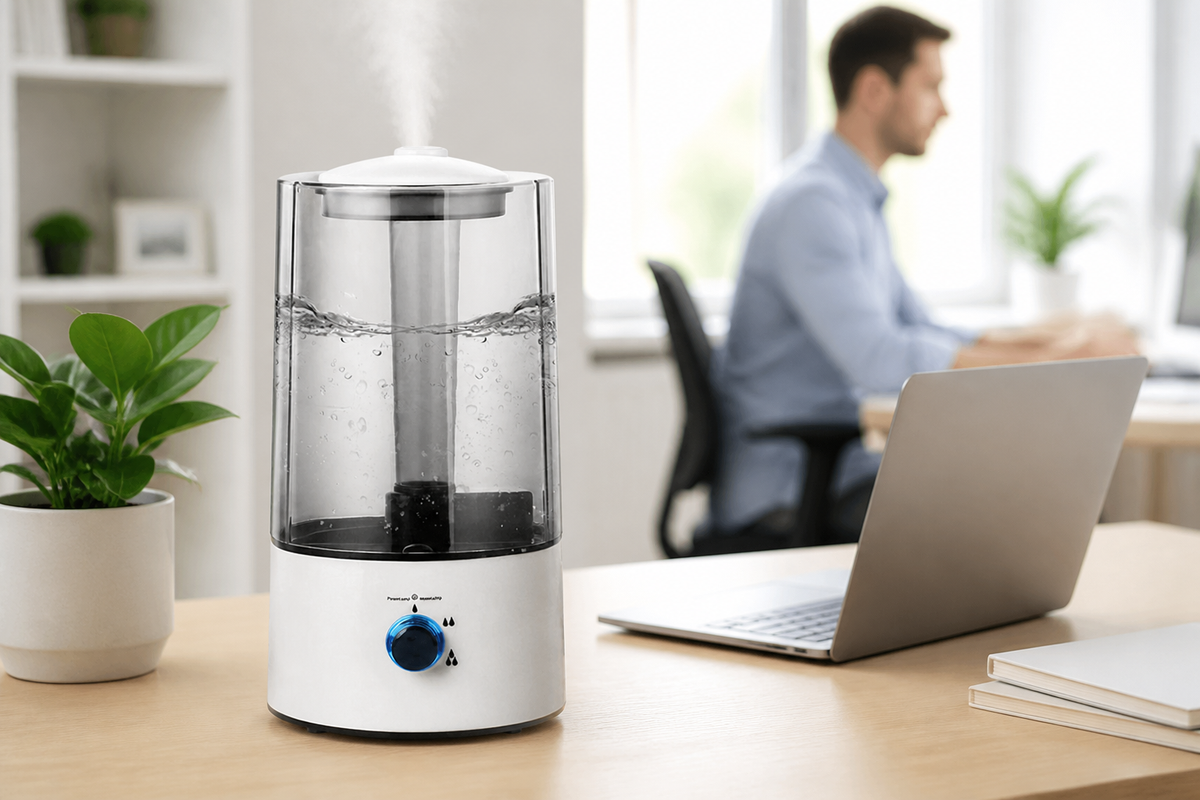 HushMist 4 L cool mist humidifier on a sunlit home-office desk