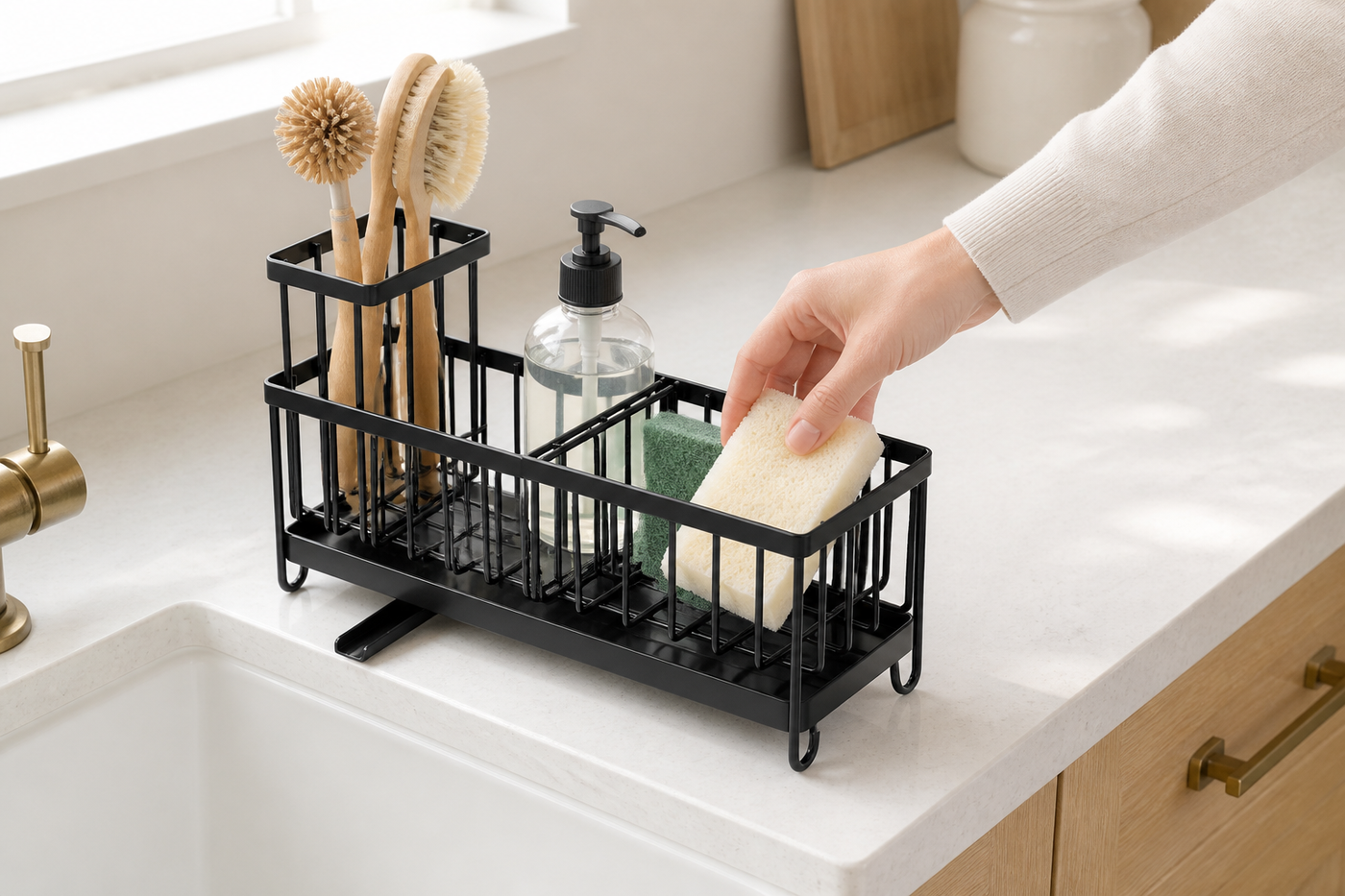 Hand placing a sponge into the adjustable Brim sink caddy beside a white kitchen sink