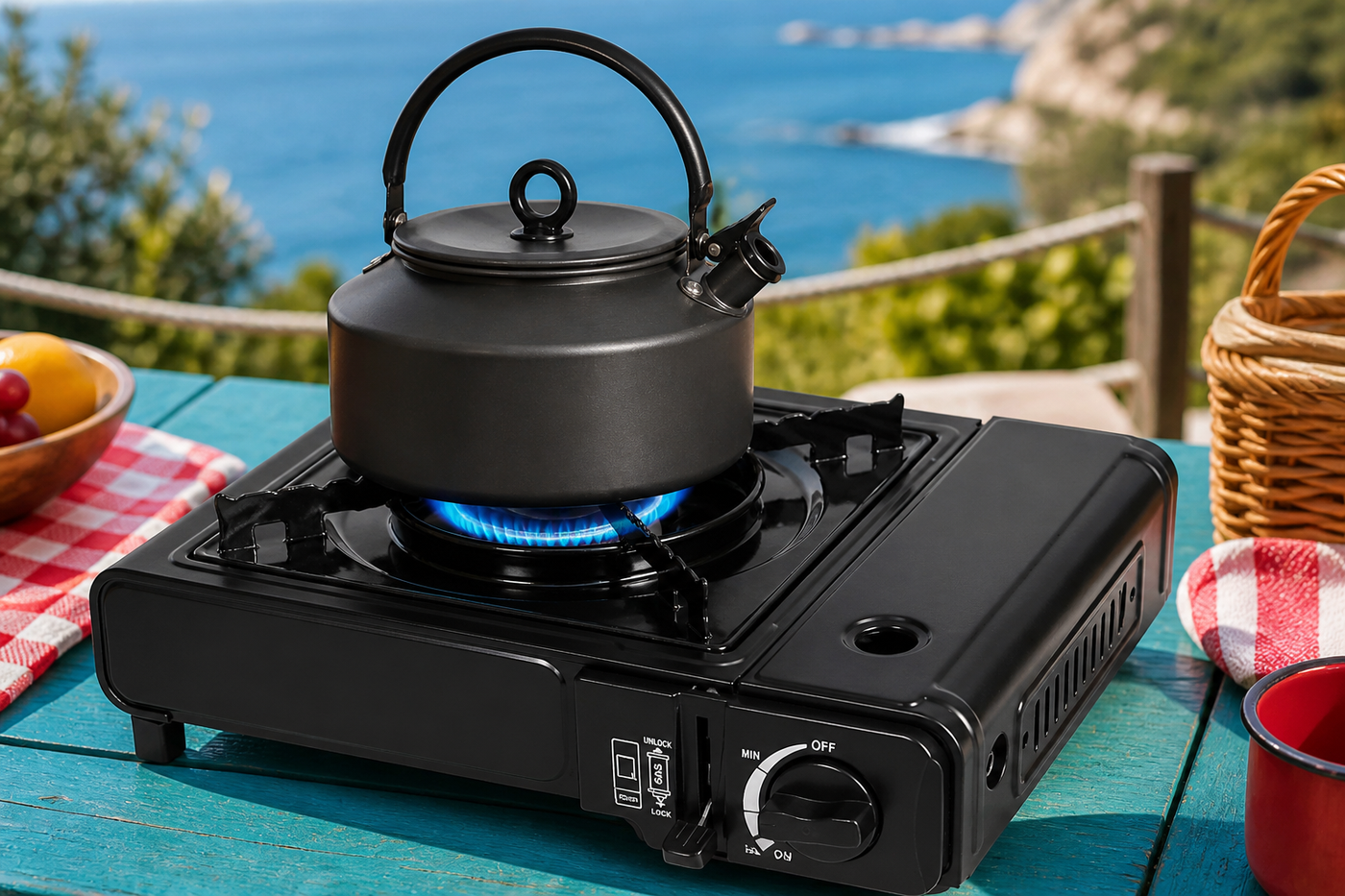 CampFlame stove controls, burner and blue flame with a kettle outdoors