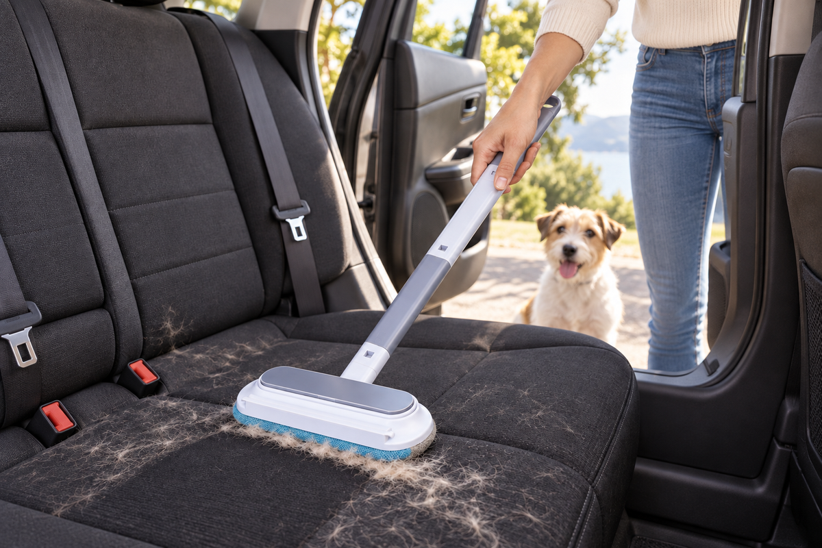 FurReach reusable pet hair brush cleaning a fabric car seat