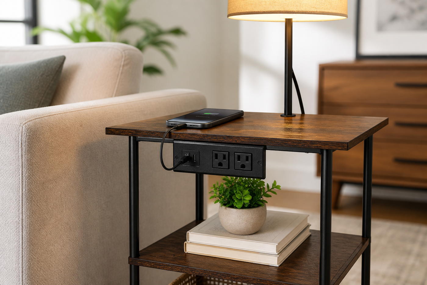 GlowShelf charging panel with USB-A USB-C and two AC outlets in natural use