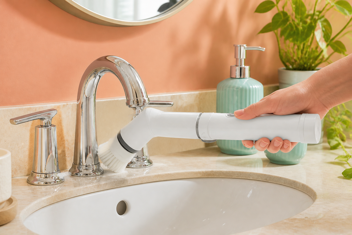 CleanReach cordless spin scrubber in handheld mode cleaning around a bathroom faucet