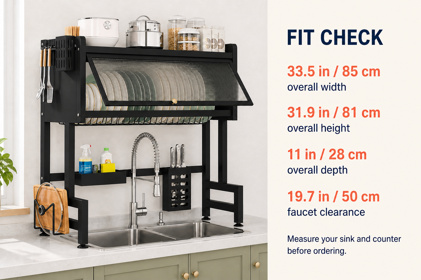 ClearSpan fit guide showing width height depth and faucet-clearance measurements