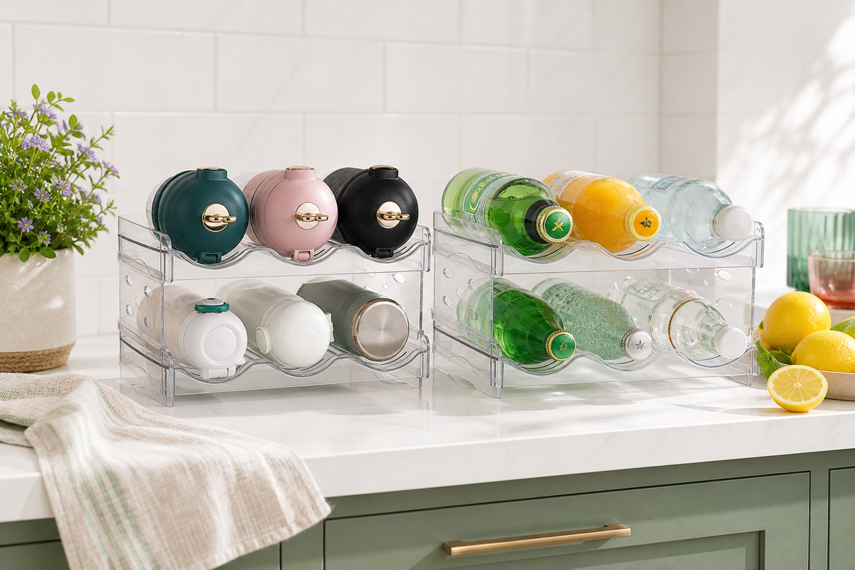 Four ClearStack tiers divided into two two-tier bottle organizers on a colorful kitchen counter