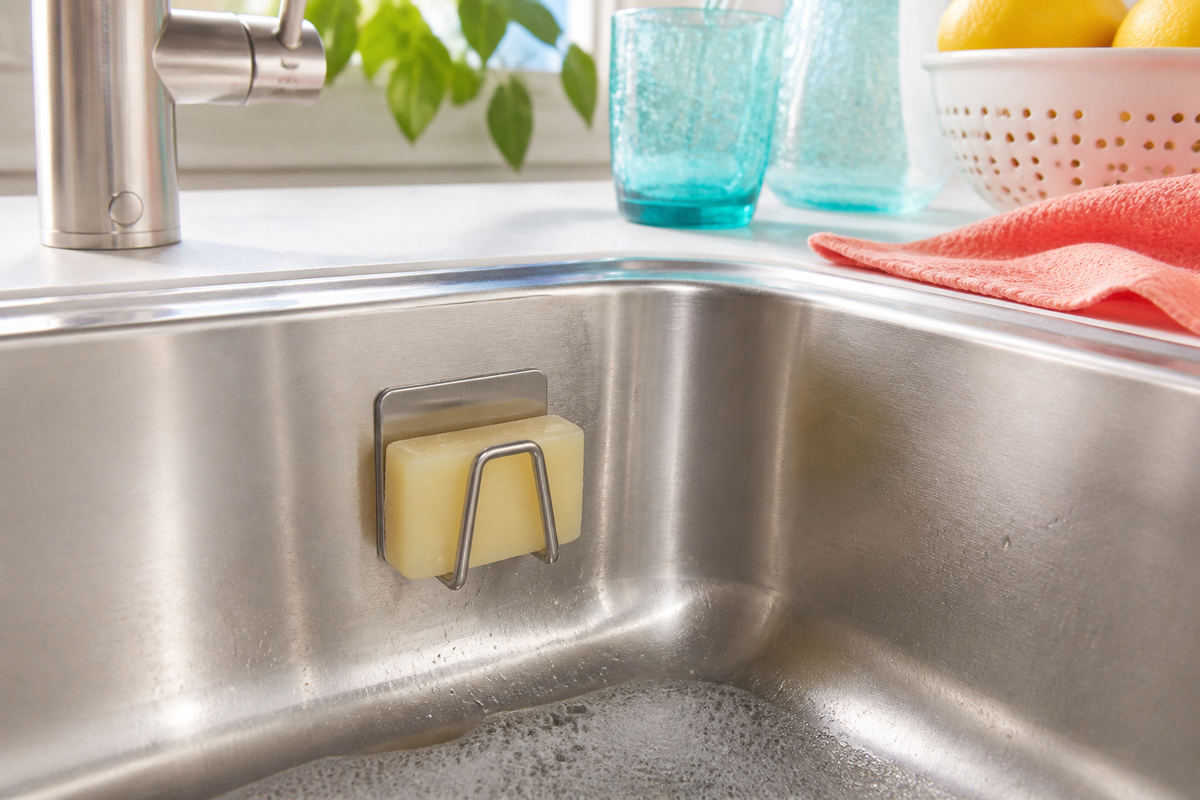 Cling adhesive stainless-steel holder keeping a dish-soap bar above the sink basin