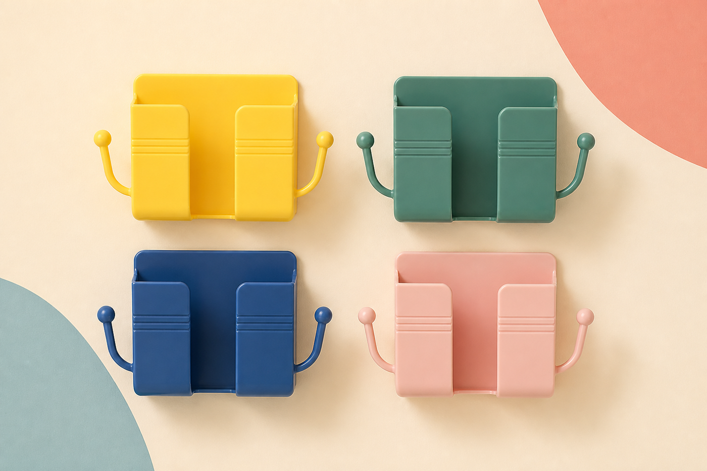 Yellow green blue and pink PlugPocket wall device holder color options