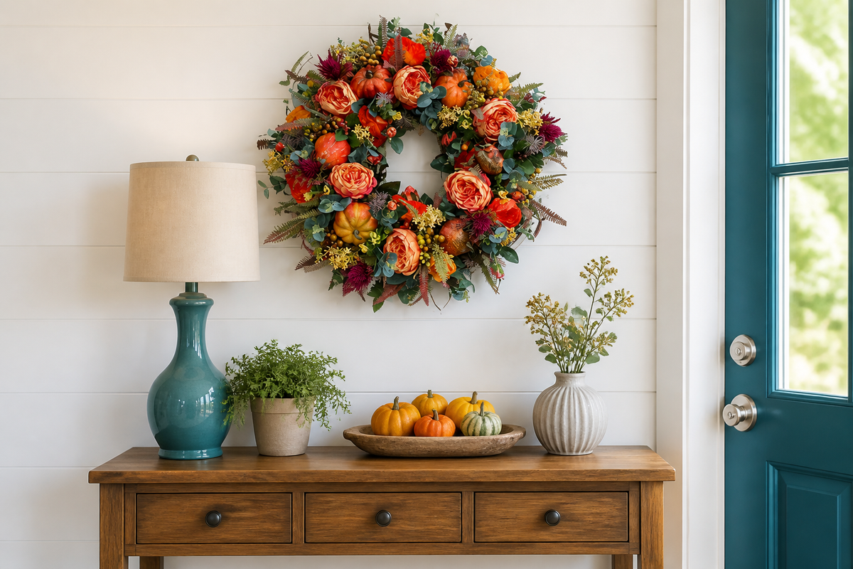 HarvestBloom autumn wreath styled above a warm wood entry console and teal lamp