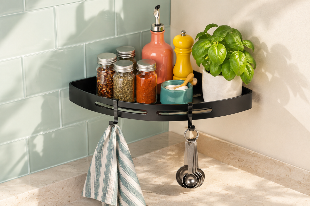 One CoveRise corner shelf organizing spices and kitchen essentials in a bright tiled corner