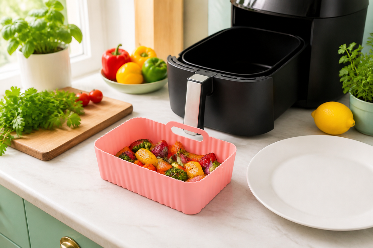 Pink CrispNest liner with roasted vegetables beside an air fryer