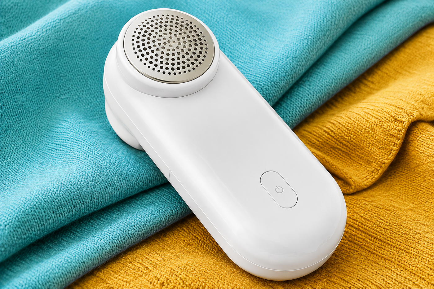 Close view of the guarded micro-arc mesh and removable lint cup on the Renew fabric shaver