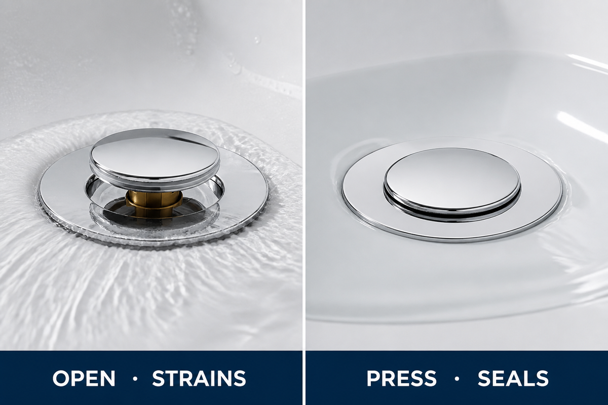 DrainGuard open to strain water and pressed closed to seal the sink