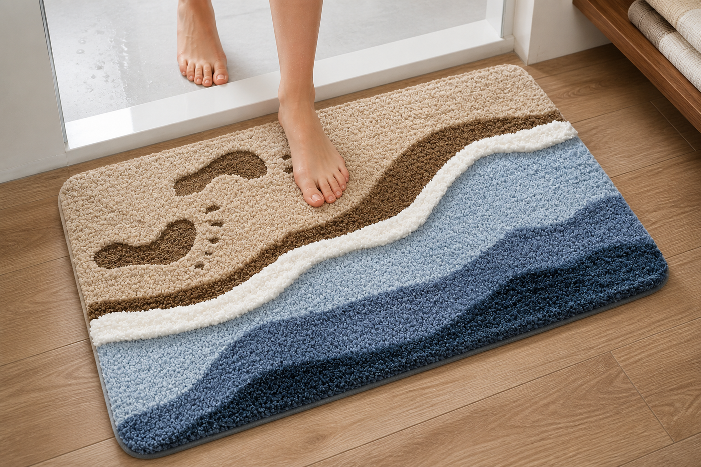 Person stepping onto the Footprint Shore Drift bath mat