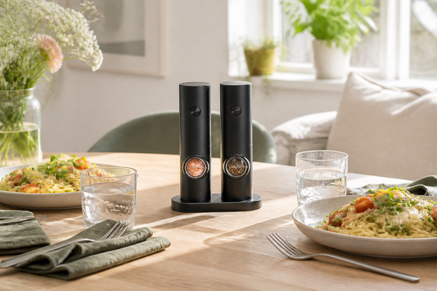 DuoMill salt and pepper grinder set at a sunlit dining table