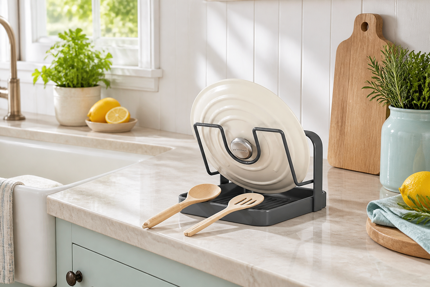 Easel Single tier pot lid rack holding one lid beside a sunlit farmhouse sink
