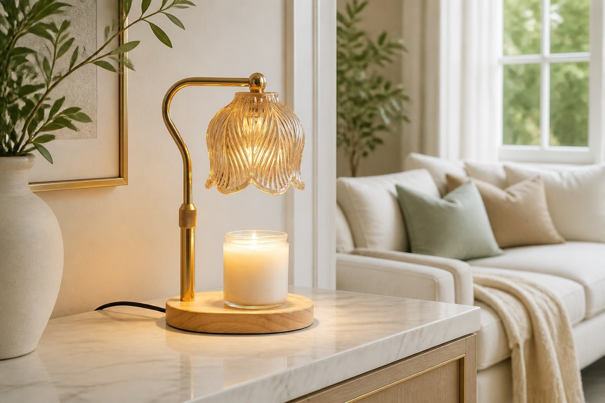 Gold EmberGlow candle warmer lamp on a marble living-room console