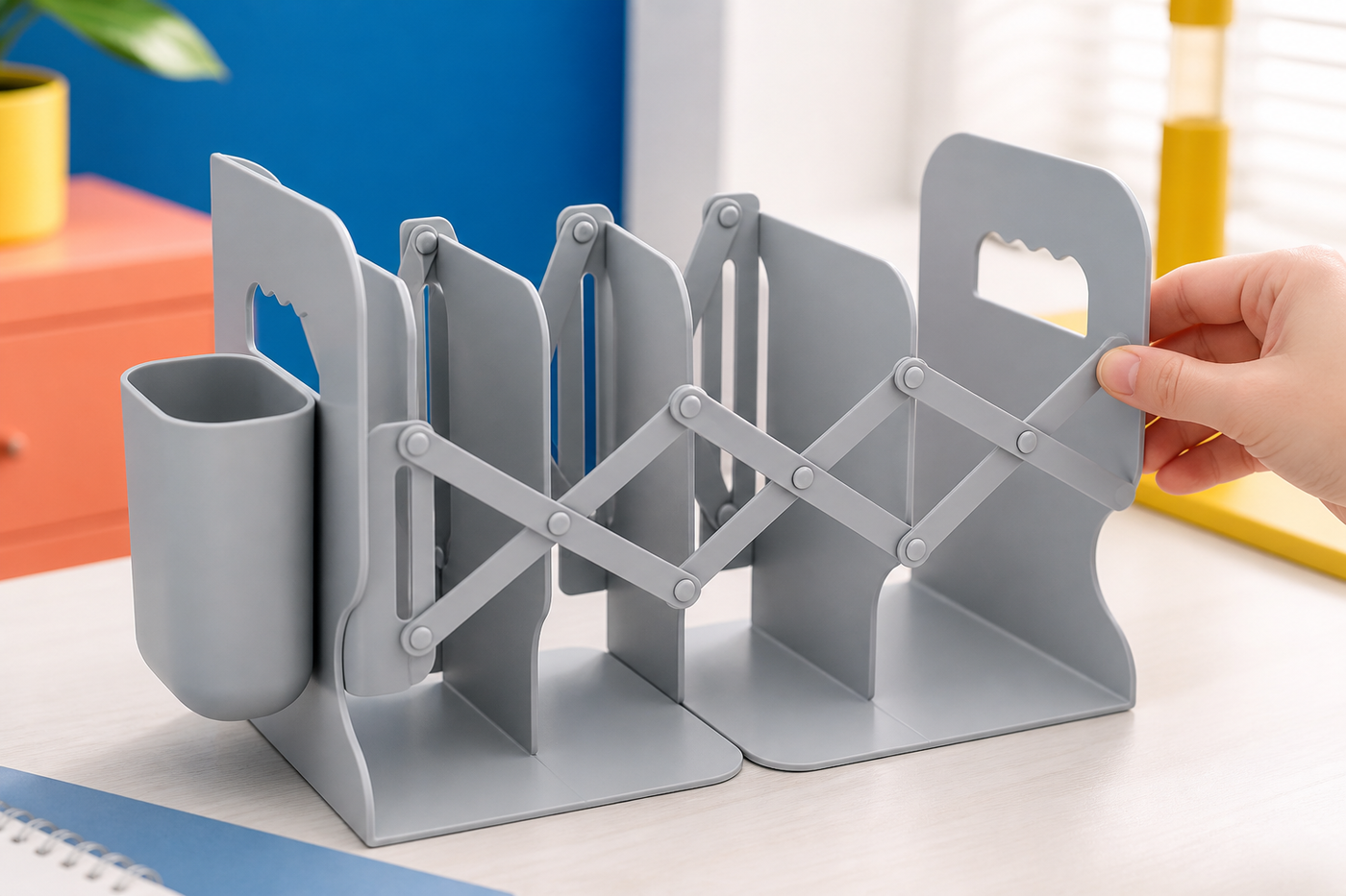 Close view of the PageSpan crossed scissor-link mechanism expanding between four upright divider plates