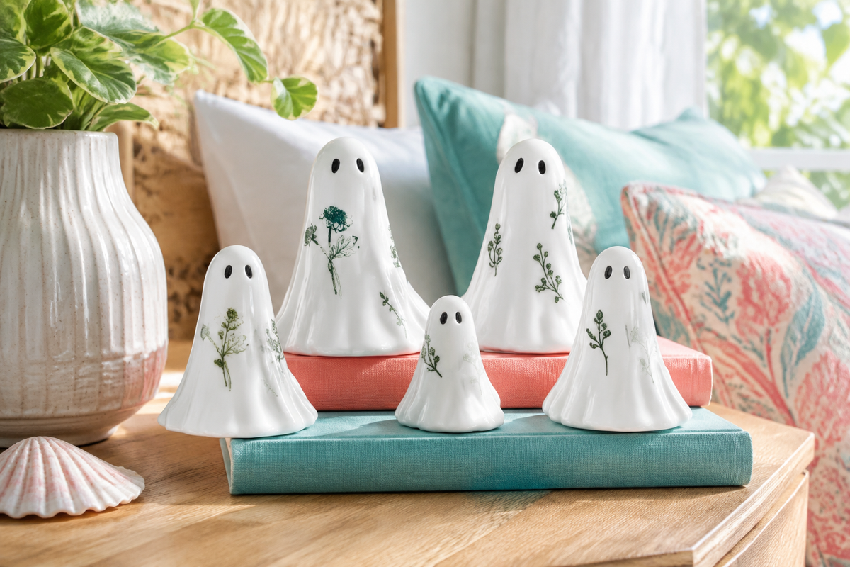 Five-piece BotaniBoo ghost figurine set styled on colorful books