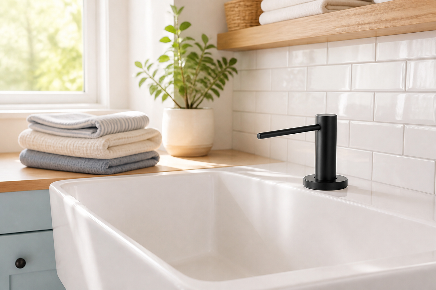 Font matte-black built-in soap dispenser installed at a sunlit laundry utility sink