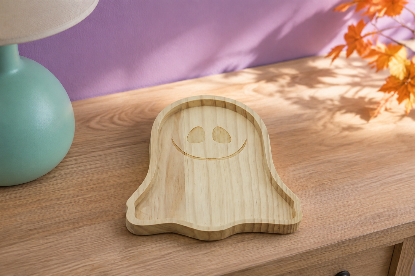 CarveGlow Ghost variant pale pine catchall tray with routed rim and friendly carved face