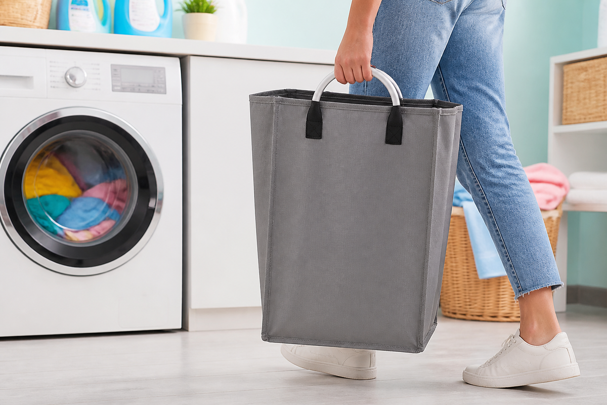 Gray FoldCarry laundry hamper staged with folded towels in a bright laundry space