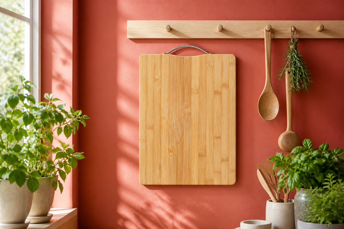 Grove bamboo cutting board hanging upright by its metal loop on a coral kitchen wall