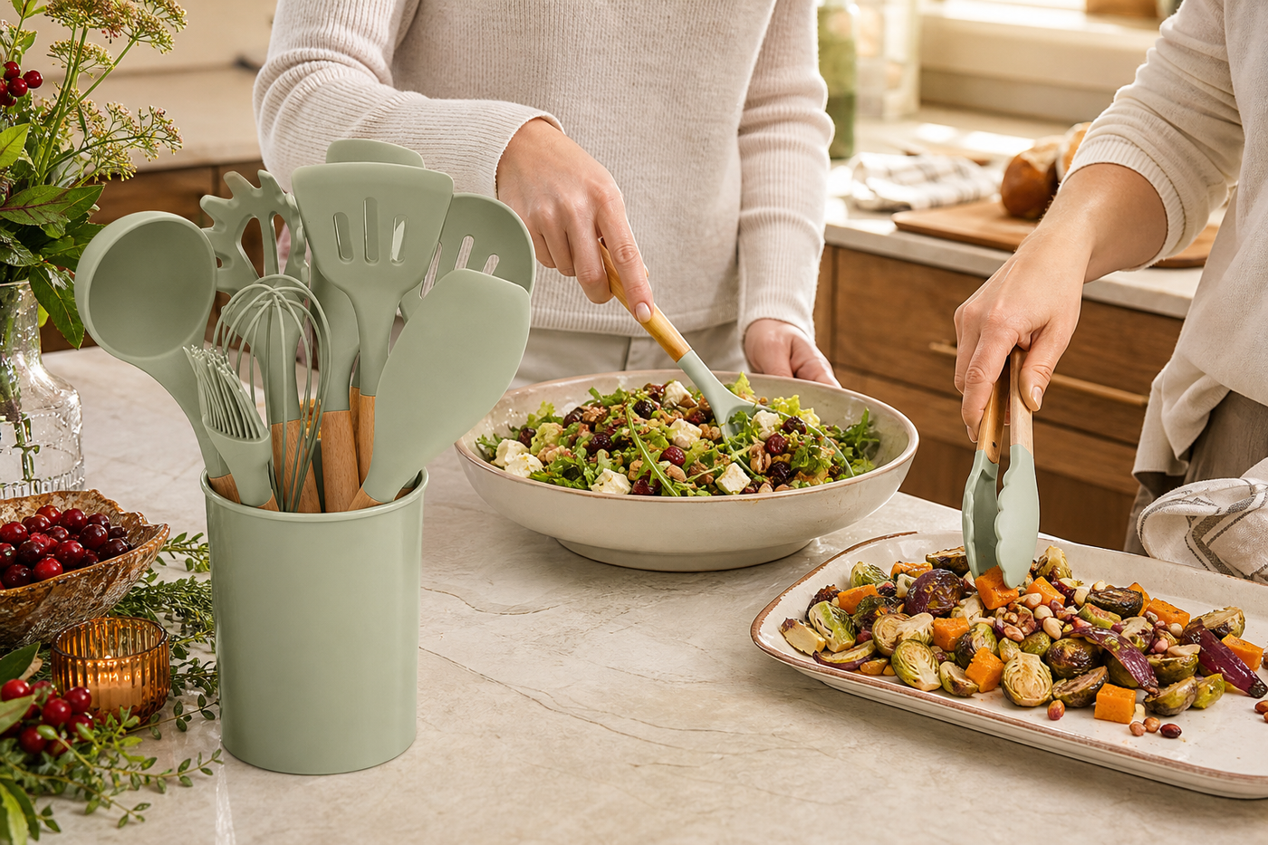 Sage Green Hearth utensils used to prepare a seasonal family meal
