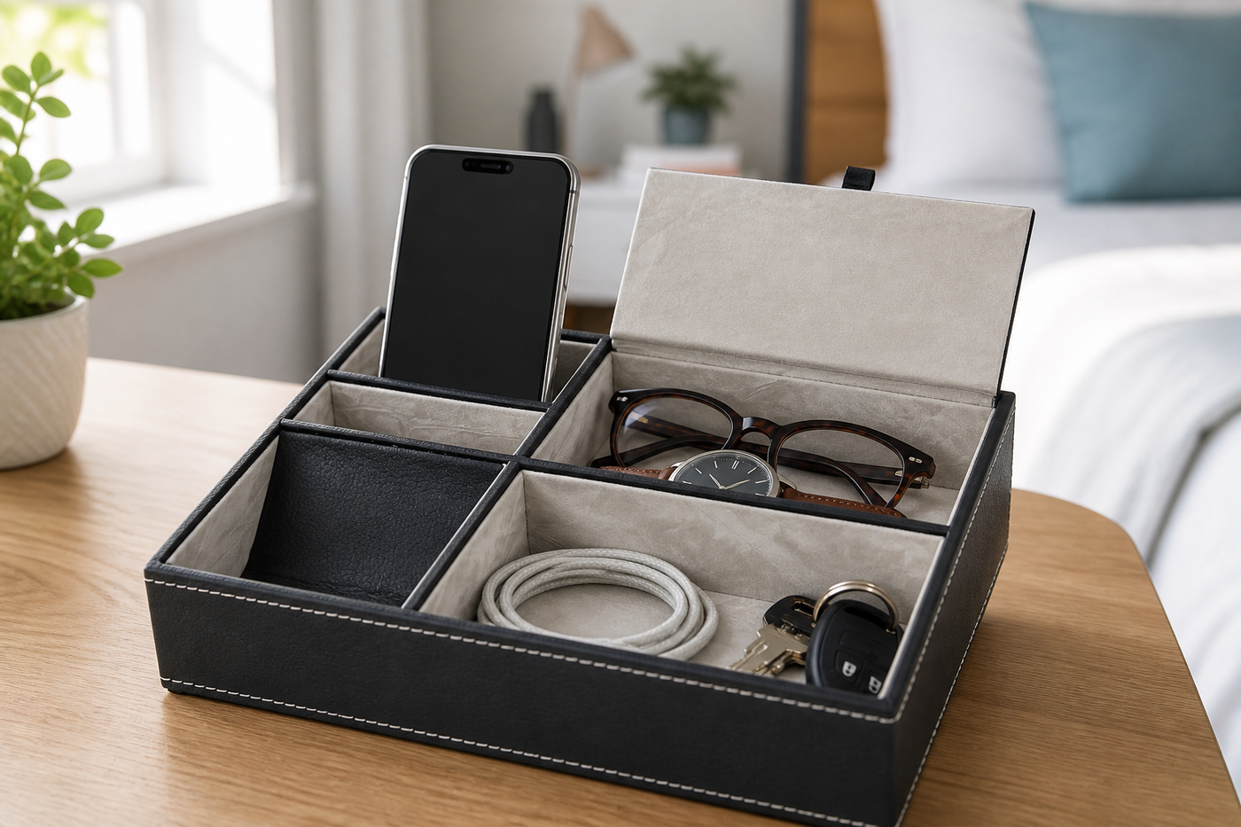 NightKeep valet organizer lidded compartment and light-lined storage detail