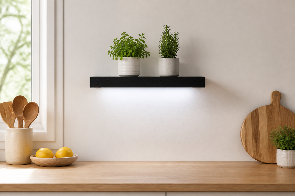 Halo LED Floating Shelf holding two herb pots above a light oak kitchen counter