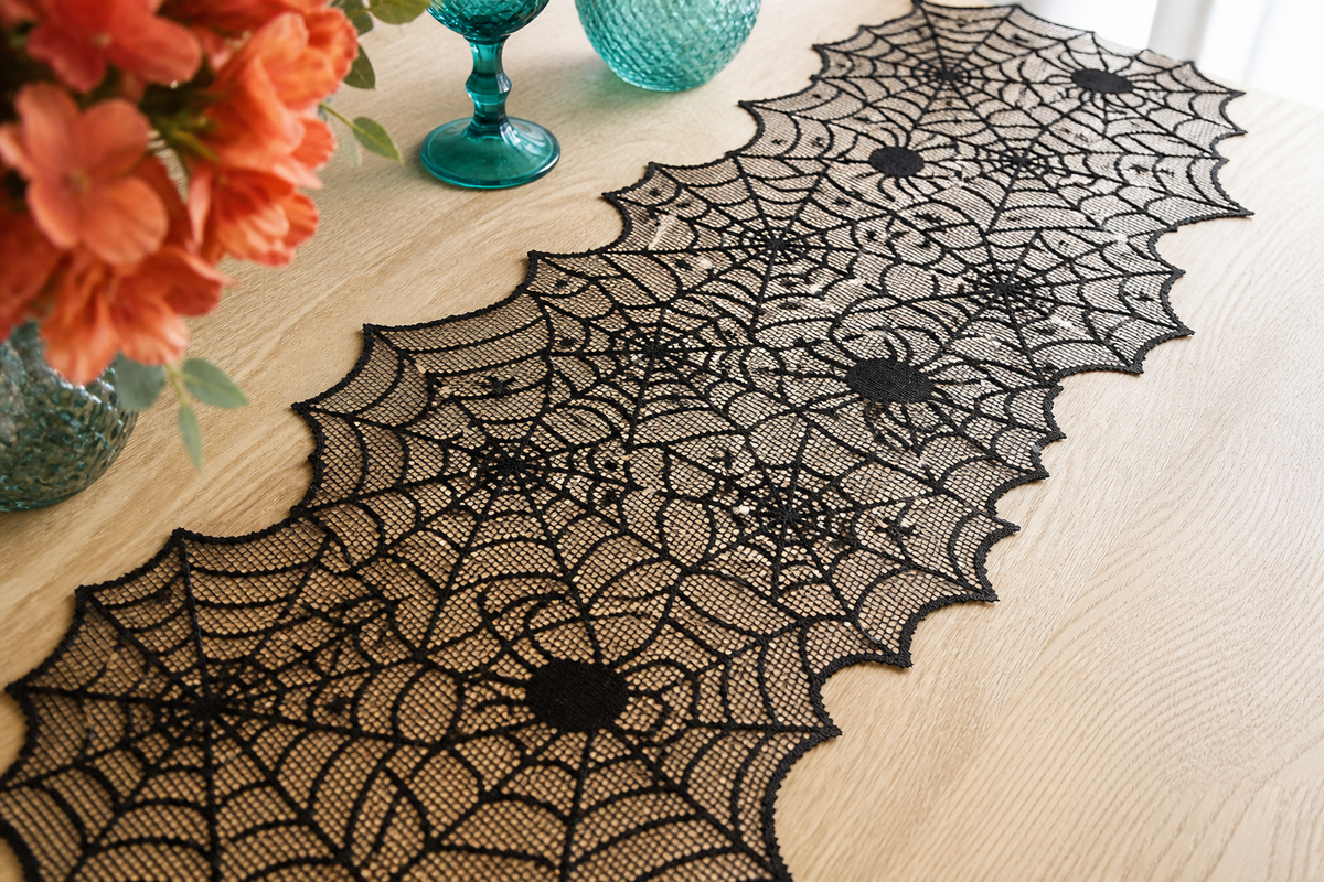 Close view of Webveil open black lace mesh scalloped web edges and spider motifs on a pale wood table