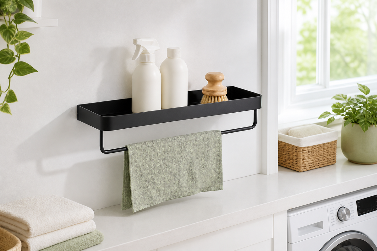 Ledge 30 cm wall shelf with towel bar in a bright laundry room