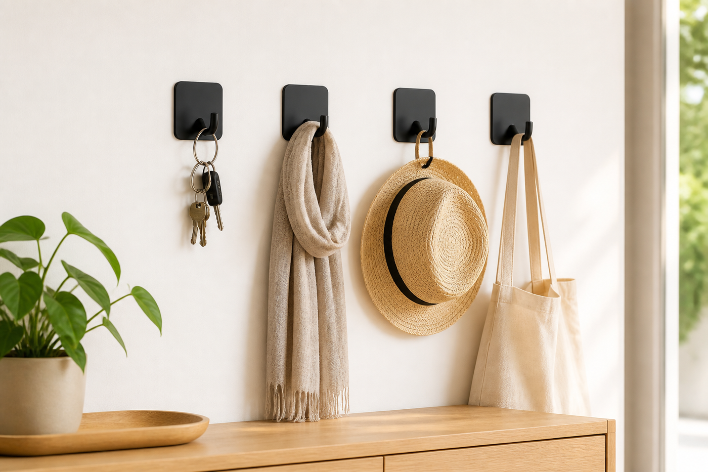 ClingArc four compact black adhesive hooks organizing keys, scarf, hat and tote in a sunny entryway