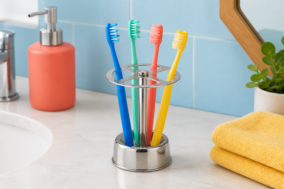 Lustre toothbrush holder with four colorful family toothbrushes beside a sink