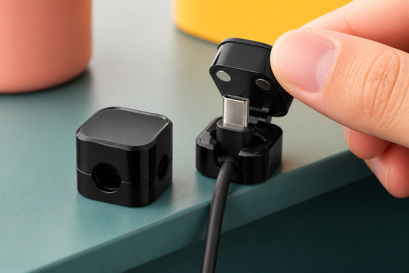 Close view of a ClickKeep cable clip's hinged magnetic lid opening around a charging cable