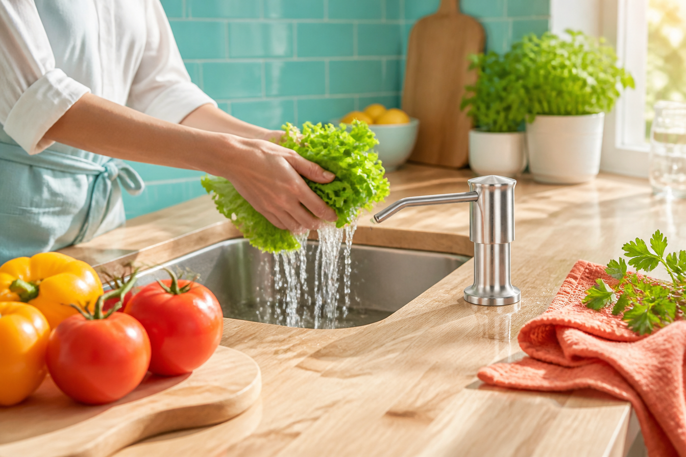FlowArc stainless-steel sink soap dispenser in a colorful sunlit kitchen during meal prep