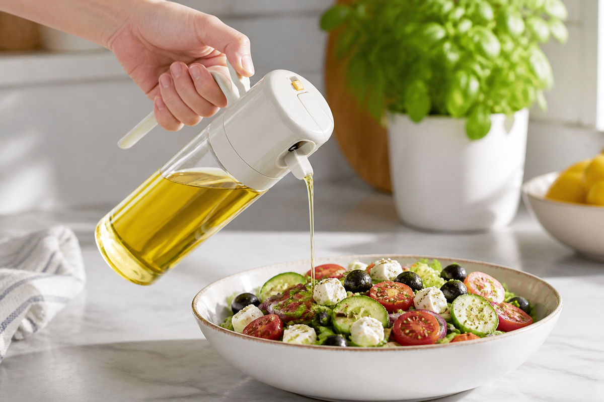 Controlled oil pour from the Mist and Pour bottle over a fresh salad