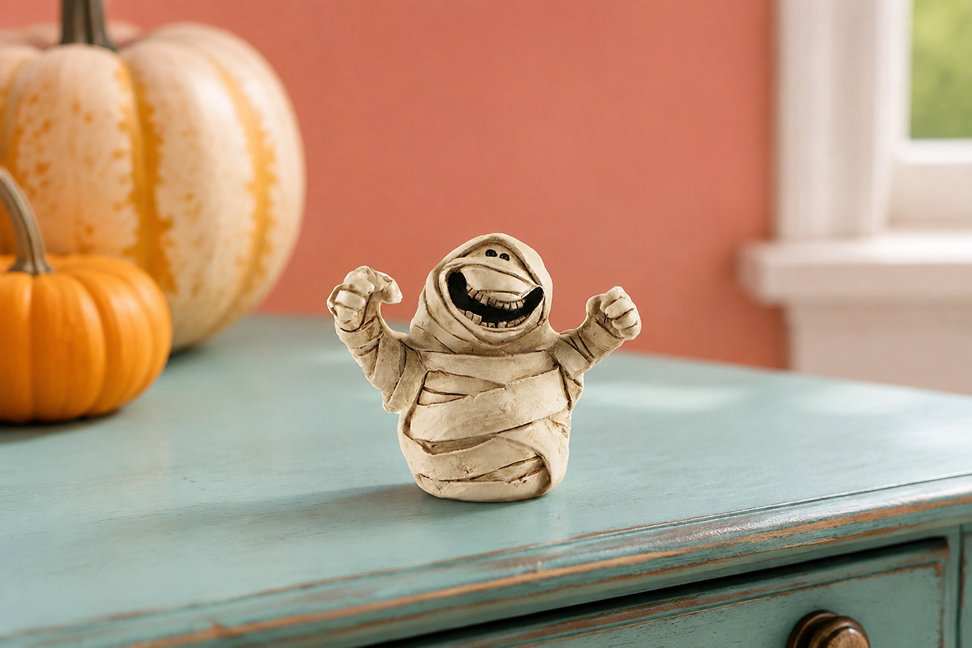 Spooklet wrapped mummy mini figurine cheering on a teal tabletop