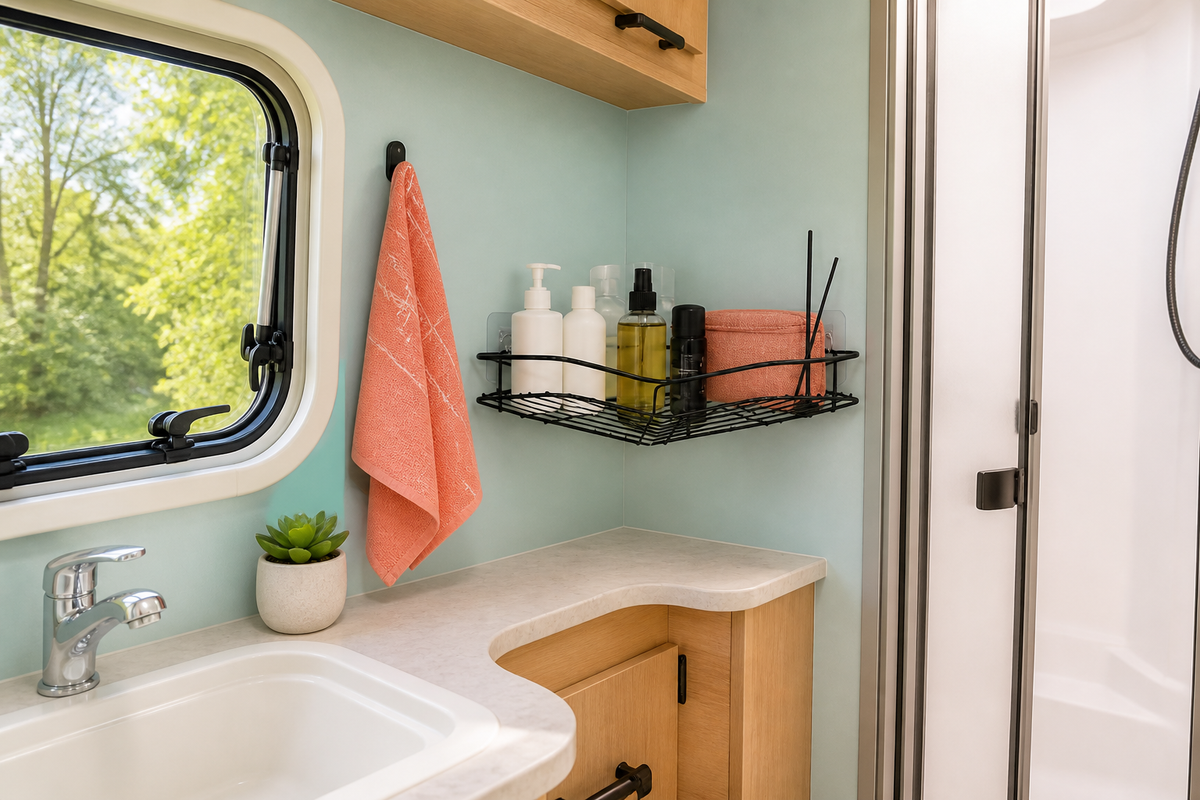Nook compact corner shelf organizing toiletries in a bright modern RV bathroom