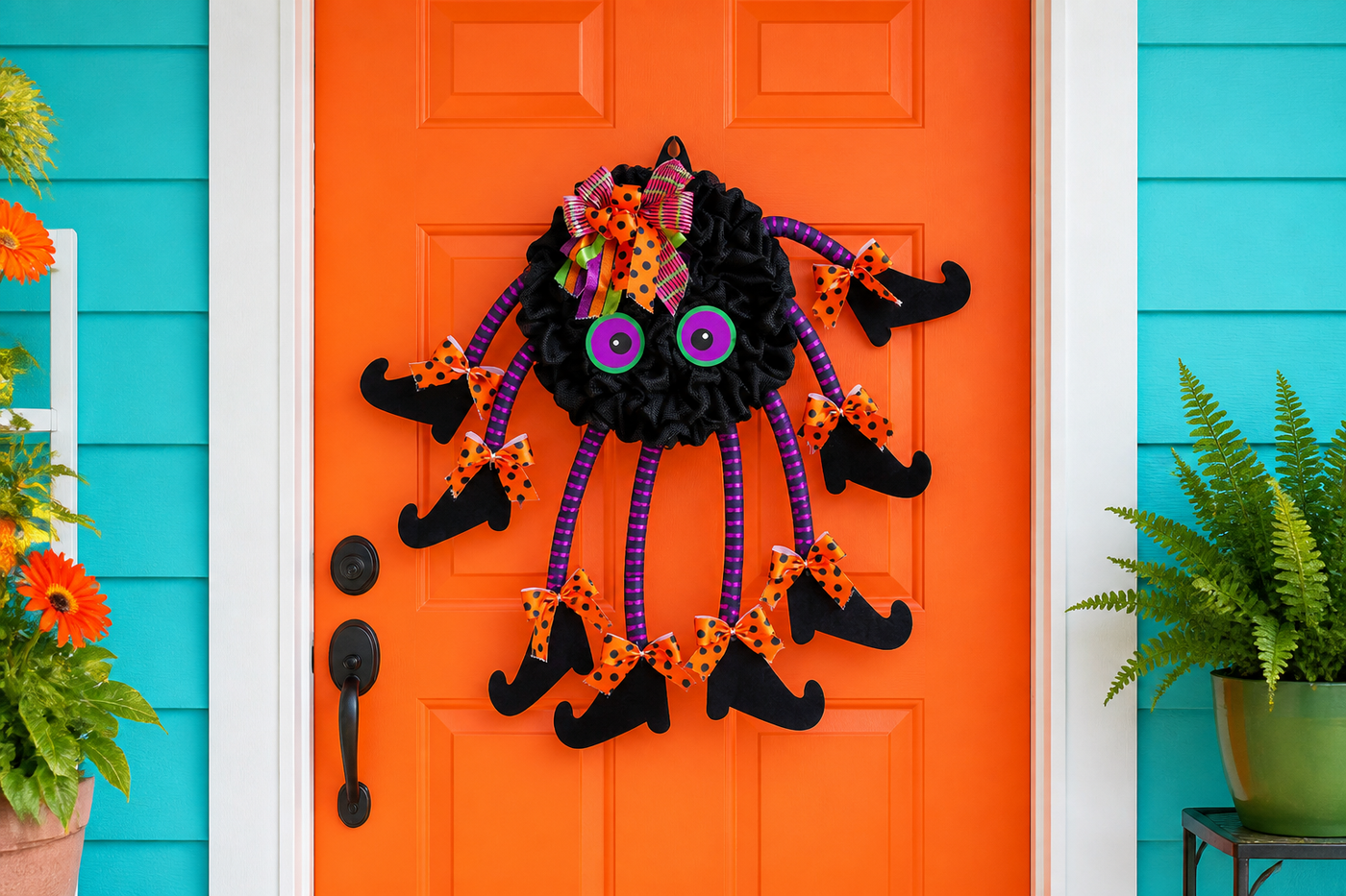 TangleToes colorful spider Halloween wreath hanging at its true modest scale on a vivid orange sheltered door