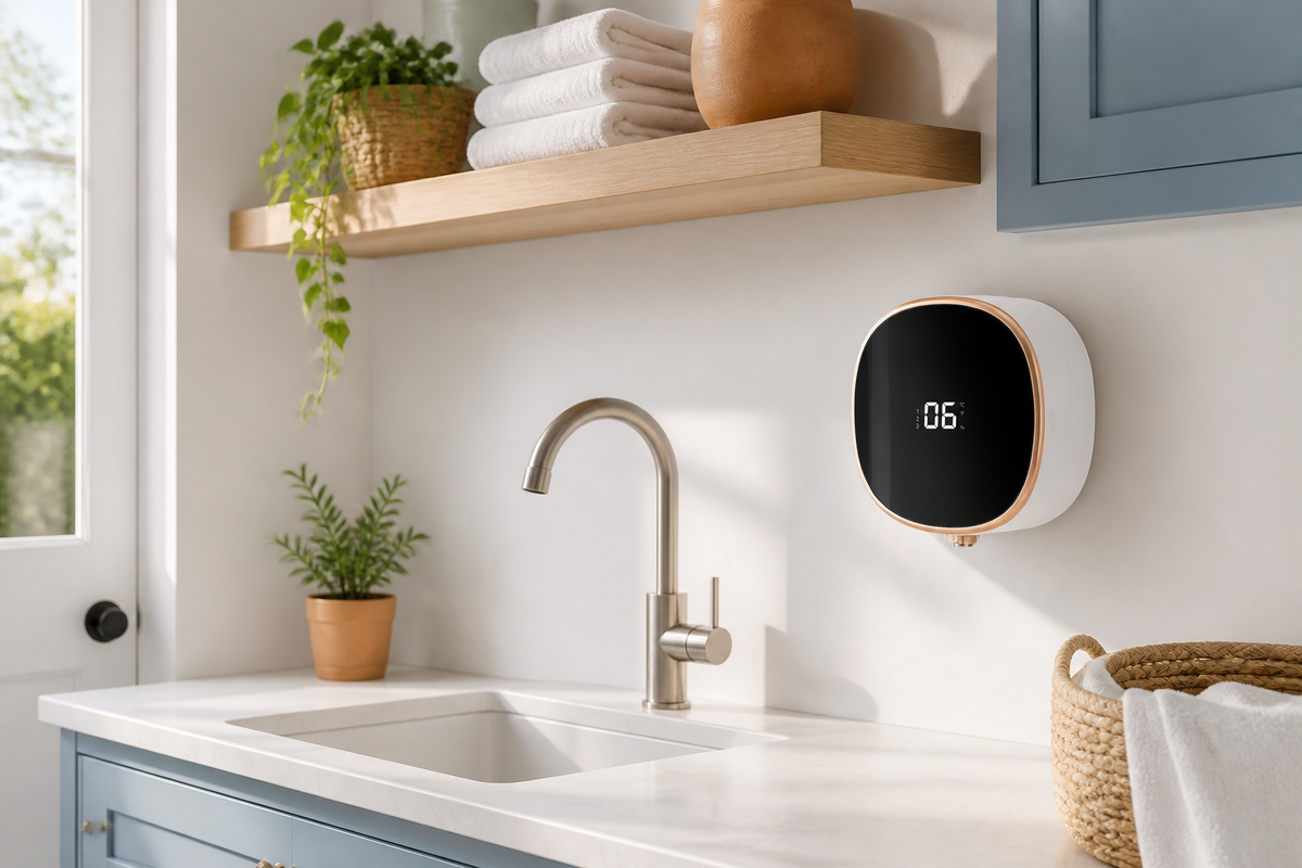 White PalmSense touchless foaming soap dispenser in a sunny household laundry room
